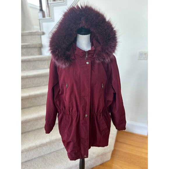 Liz Claiborne Burgundy Red Faux Fur Trim Cinched Waist Anorak Coat - Picture 1 of 8